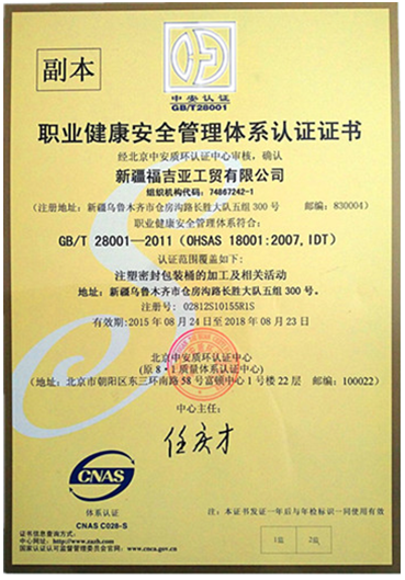 職業(yè)健康安全管理體系認證證書(shū)